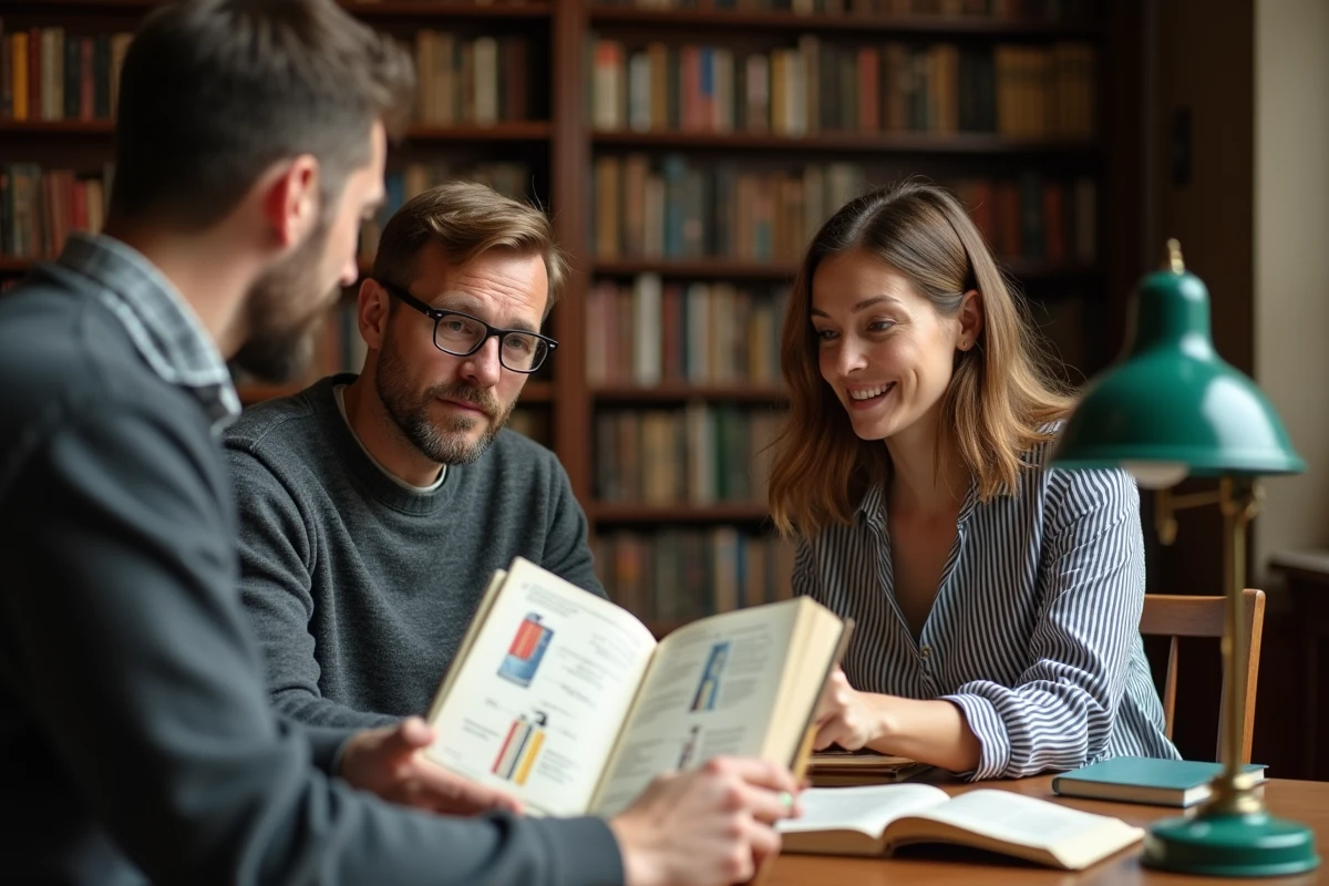 Deux adultes étudiant le vocabulaire anglais d'un briquet dans une bibliothèque universitaire britannique traditionnelle, avec un livre illustré ouvert sur la table