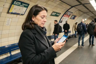 Voyageuse consultant le trafic du métro RATP en temps réel sur smartphone dans une station parisienne