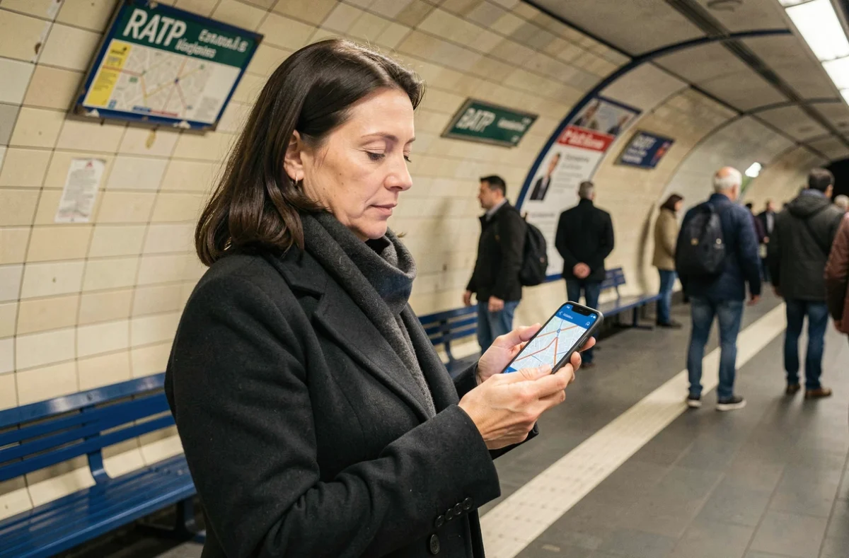 Voyageuse consultant le trafic du métro RATP en temps réel sur smartphone dans une station parisienne