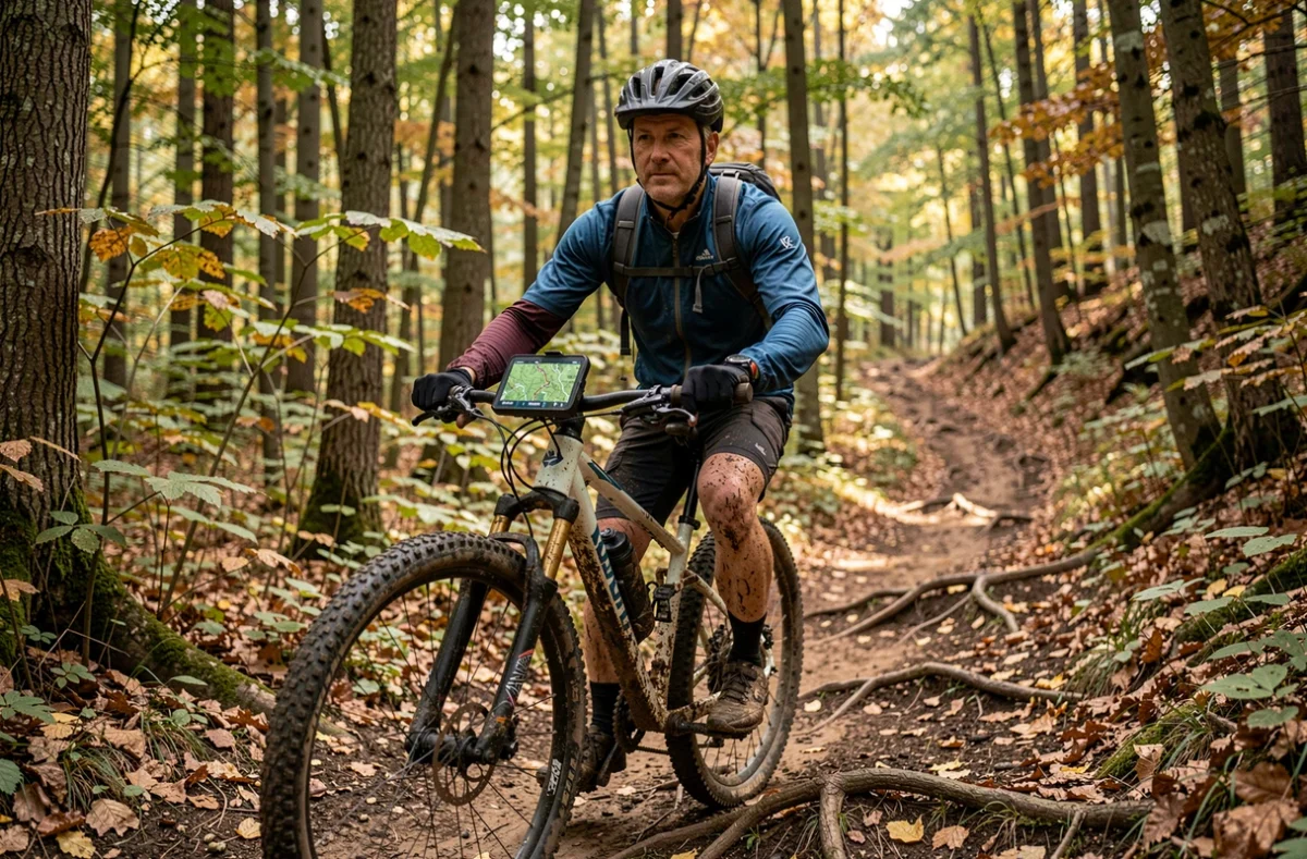 Vététiste en forêt avec GPS affichant une carte Geoportail pour naviguer sur un sentier de VTT balisé