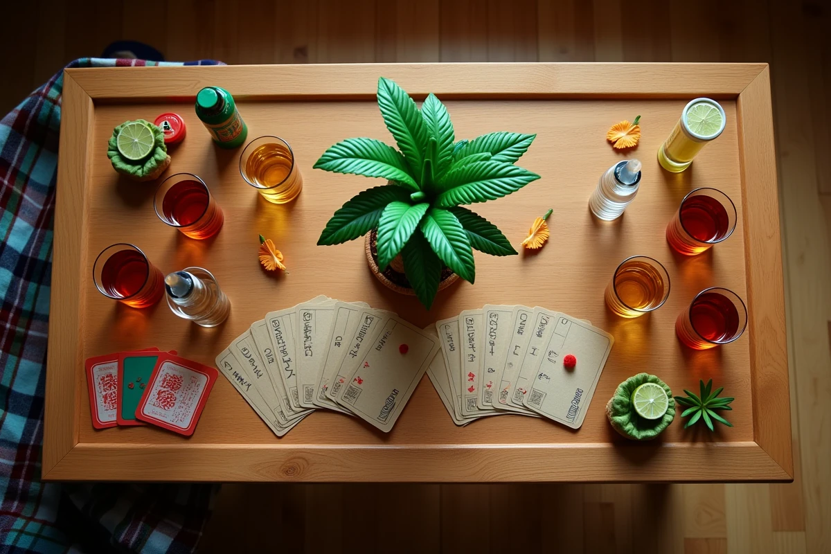Vue aérienne d'un jeu du palmier alcool avec verres à shots, cartes de jeu, feuille de score et décoration tropicale sur table en bois